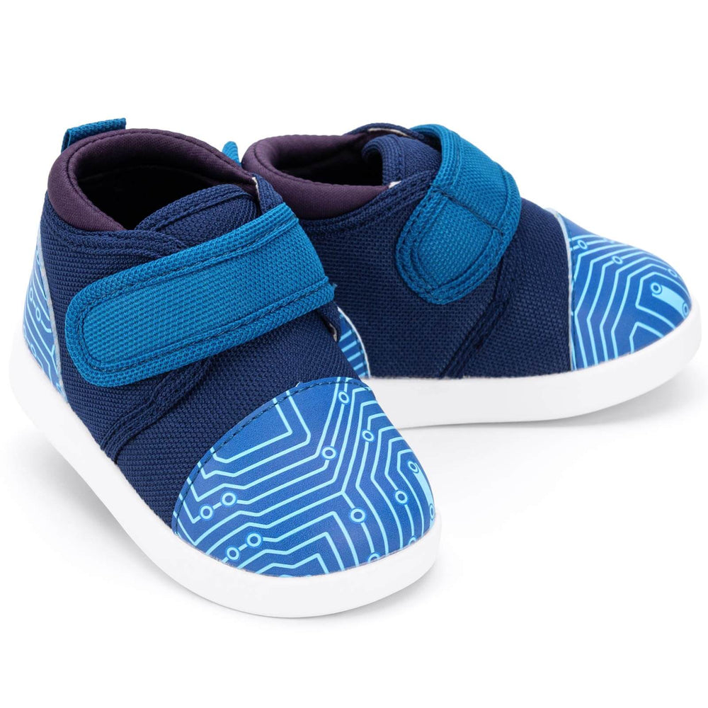 Cyber Stomp Squeakerless Toddler Shoes | Blue Circuit Board Pattern