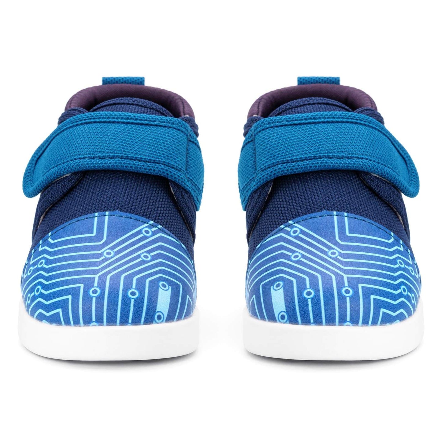 
                  
                    Cyber Stomp Squeakerless Toddler Shoes | Blue Circuit Board Pattern
                  
                
