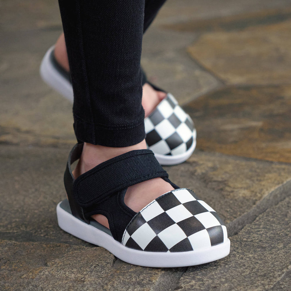 Black and white checkered sandals best sale