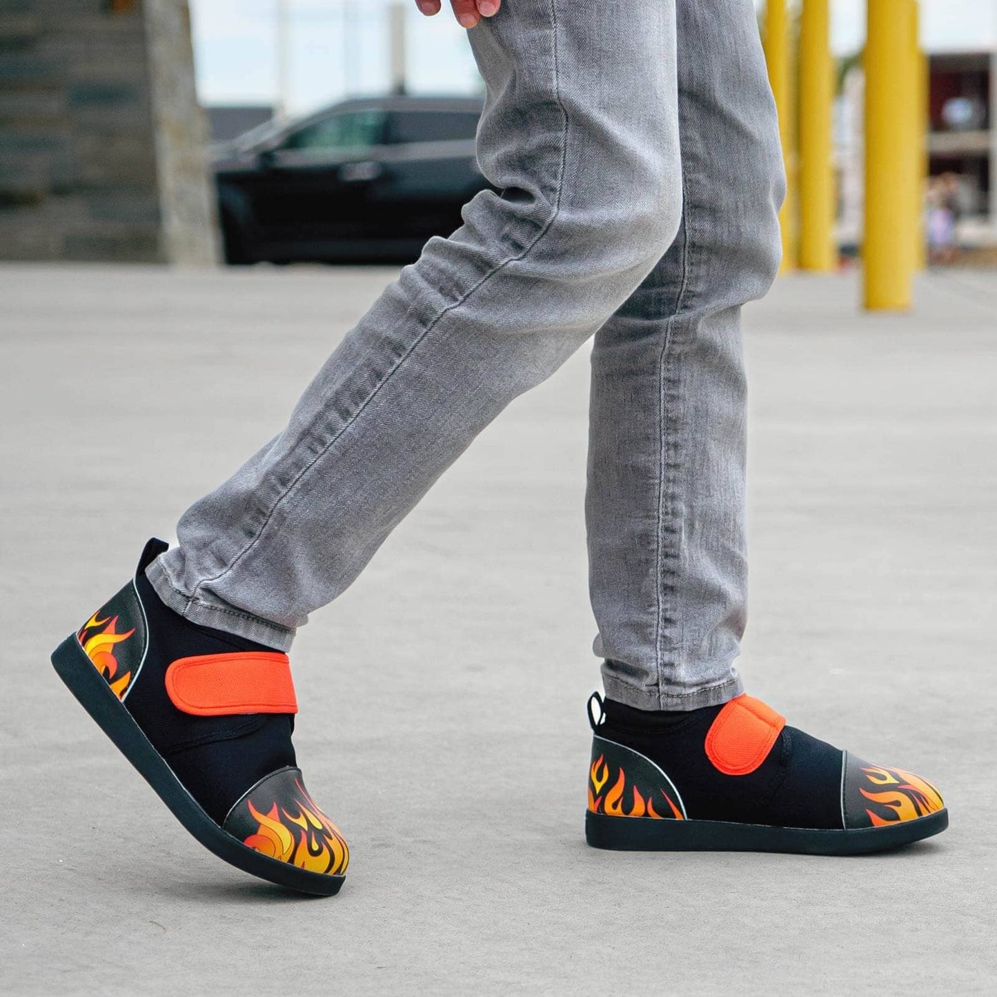 Scorching Hotrod Squeakerless Toddler Shoes | Black Flame Pattern Squeakerless Shoes ikiki® Shoes 